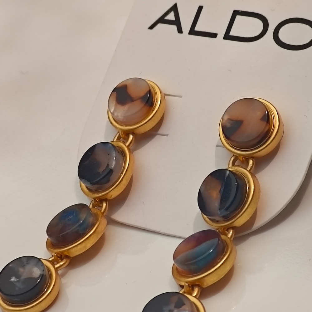 Aldo Gold Tone Earrings Brown Marbled Cabochon‎ Tiered Drop Circle Dangle New